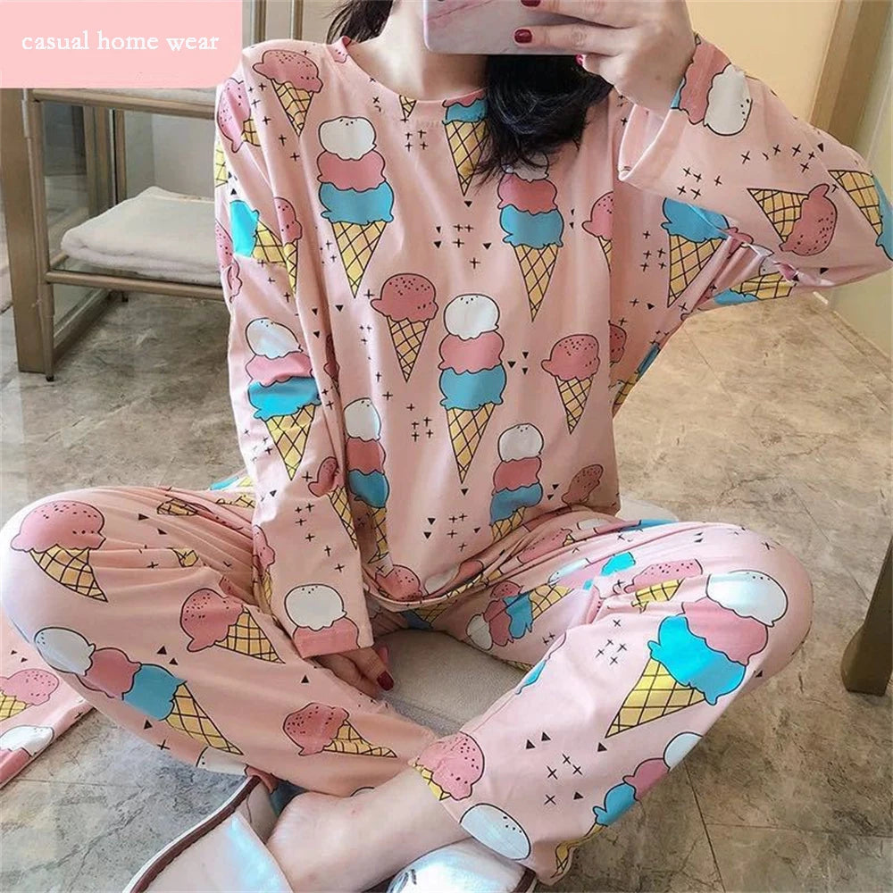 Cute Cartoon Casual Home Clothes New Fashion Women's Sleepwear Suit Long Sleeve Girls Homewear Sets Comfortable Female Pajamas