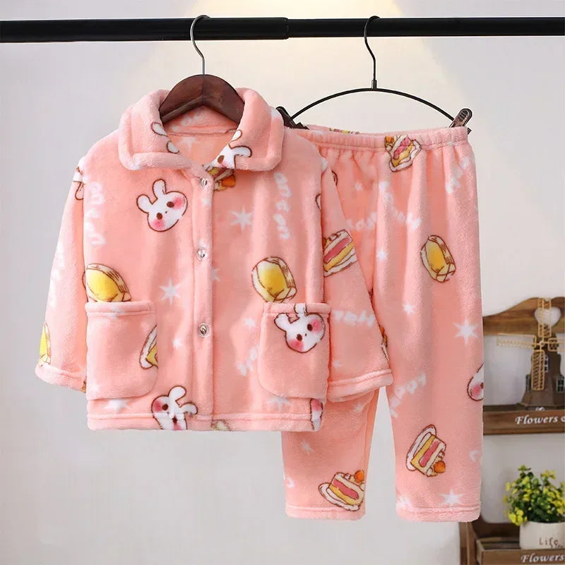 New Kids Boys Girls Autumn Winter Soft Flannel Pajamas Sets Cartoon Long Sleeve Lapel Tops with Pants Pyjamas Sleepwear Clothing