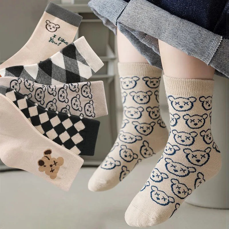 CH.KOUROSH 5Pairs/Lot Cute Bear Plaid Baby Socks Spring Autumn Soft Cotton Kids Middle Tube Socks For Boys Girls Casual Sports Sock