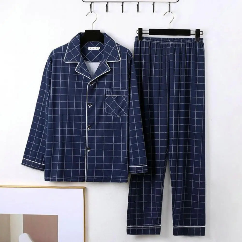 Men Pajama Set Cozy Polyester Pajamas Stylish Men's Fall Winter Pajama Set Striped Plaid Print Color Matching Lapel