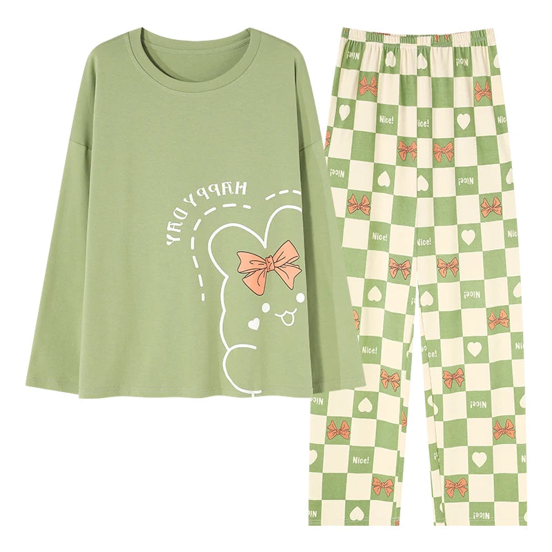 Green Women Pajamas Set Cute Kawaii Long Sleeves Long Pants Autumn Winter Soft Sleepwear Cozy Pyjamas Girl Pijamas Ladies Nighty