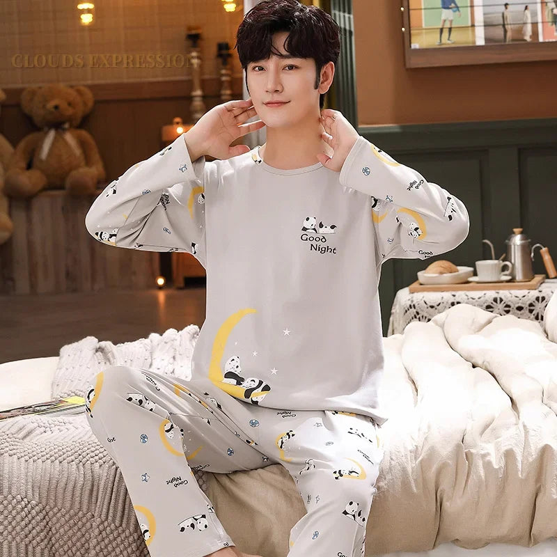 Spring Autumn Knitted Cotton Cartoon Men's Pyjamas Plaid Pajamas Set Casual Male Sleepwear Pyjamas Night Pijamas 4XL Homewear