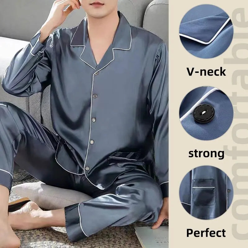 Men Ice Silk Pajamas Sleepwear Pajama Sets Nightclothes Black Blue L XXL 3XL 4XL Long Sleeves Long Pants Smooth Solid Color