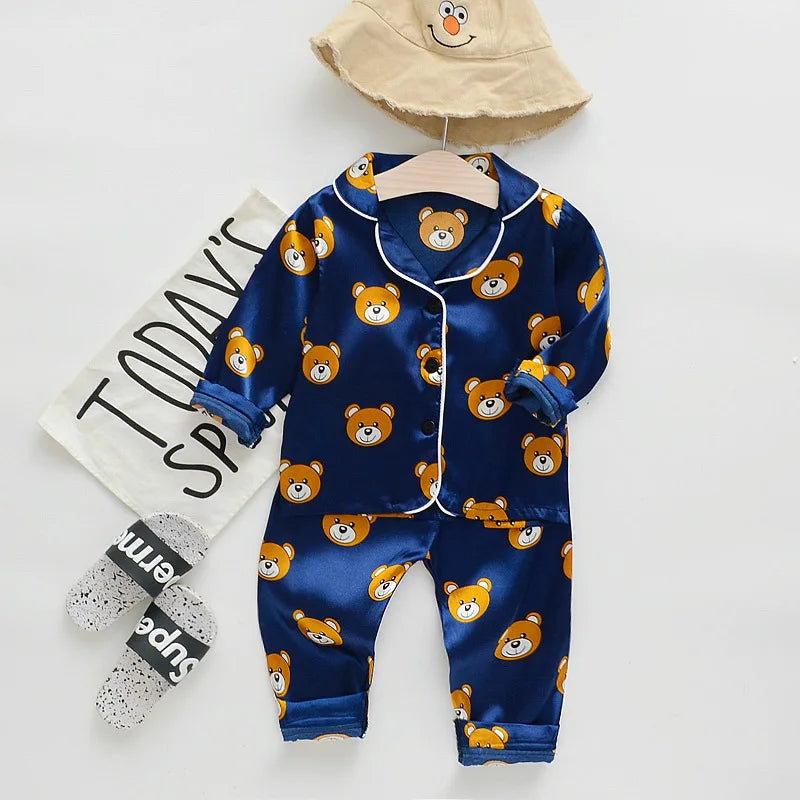 Children Silk Satin Pajamas Set Baby Boys Girls Cartoon Little Bear Tops Trousers 2Pec Spring Autumn Kids Casual Home Sleepwear