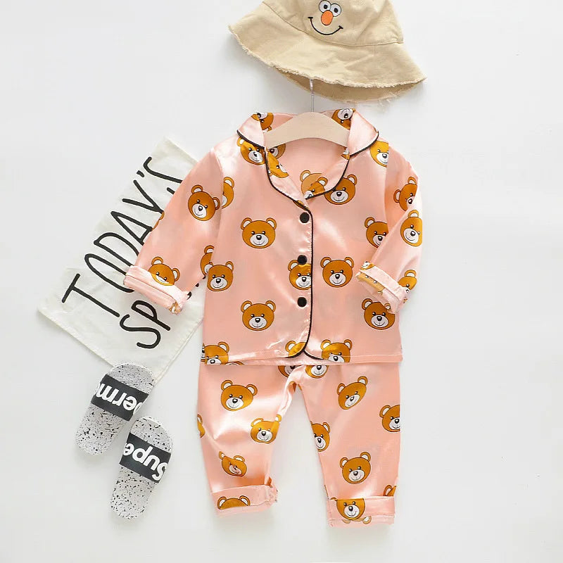 Children Silk Satin Pajamas Set Baby Boys Girls Cartoon Little Bear Tops Trousers 2Pec Spring Autumn Kids Casual Home Sleepwear