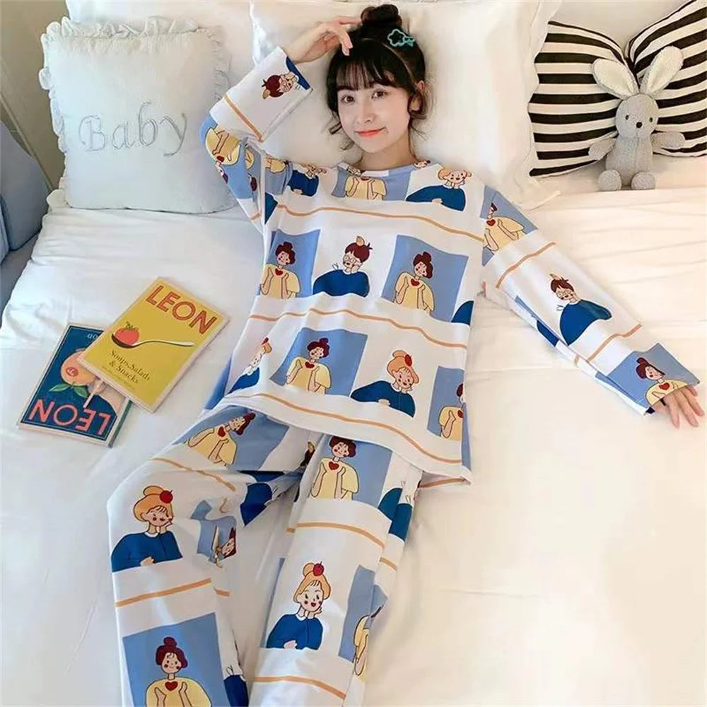 Cute Cartoon Casual Home Clothes New Fashion Women's Sleepwear Suit Long Sleeve Girls Homewear Sets Comfortable Female Pajamas