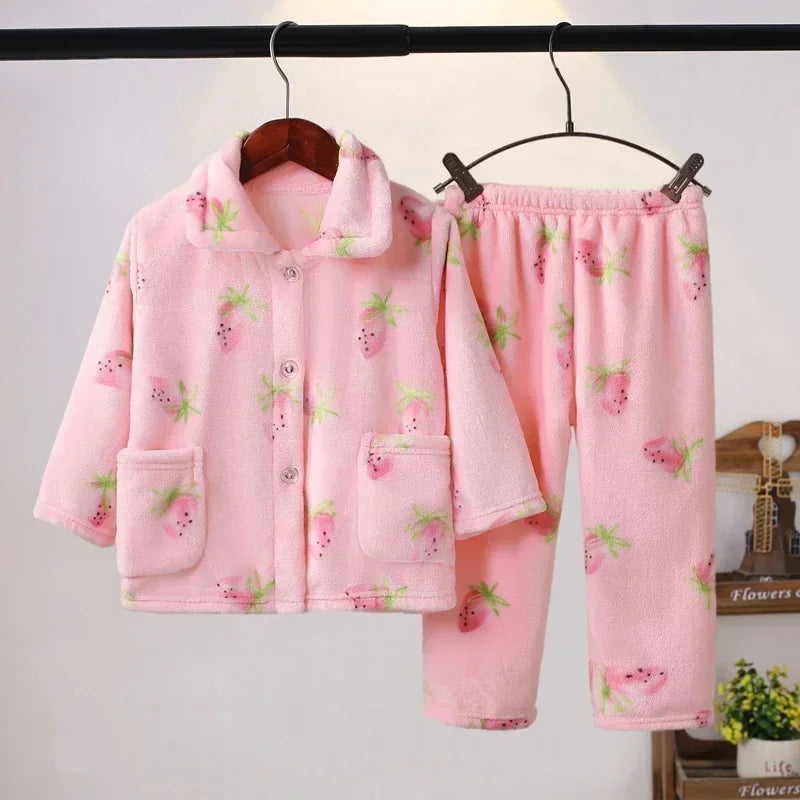 New Kids Boys Girls Autumn Winter Soft Flannel Pajamas Sets Cartoon Long Sleeve Lapel Tops with Pants Pyjamas Sleepwear Clothing