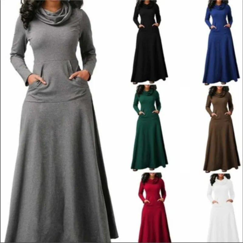 CH.KOUROSH Autumn Winter Solid Color Splicing Pocket Neck Large Pendant Long Dress 2024 Casual Women's High Waist Long Sleeve Maxi Dresses