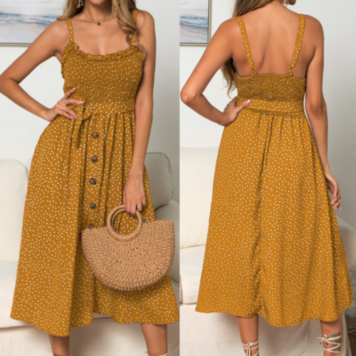 Women Spaghetti Straps Polka Dot Maxi Dress