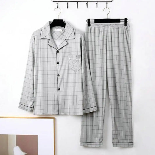 Men Pajama Set Cozy Polyester Pajamas Stylish Men's Fall Winter Pajama Set Striped Plaid Print Color Matching Lapel