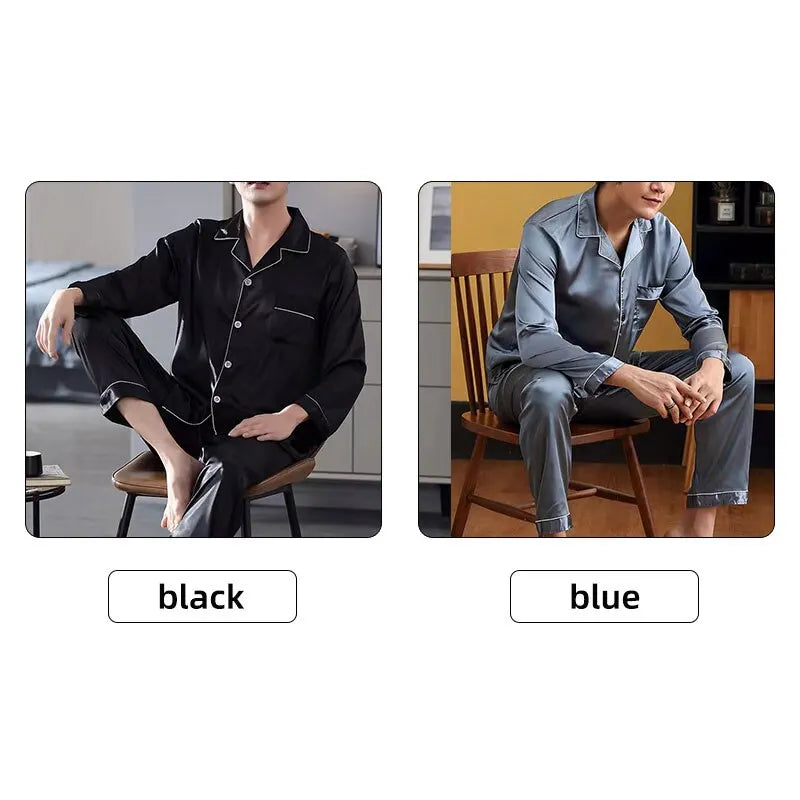 Men Ice Silk Pajamas Sleepwear Pajama Sets Nightclothes Black Blue L XXL 3XL 4XL Long Sleeves Long Pants Smooth Solid Color