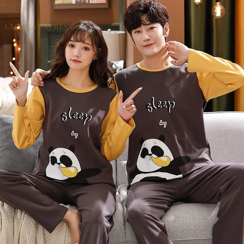 Spring Autumn Knitted Cotton Cartoon Men's Pyjamas Plaid Pajamas Set Casual Male Sleepwear Pyjamas Night Pijamas 4XL Homewear