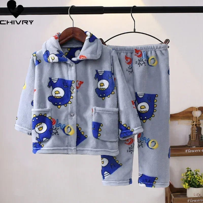 New Kids Boys Girls Autumn Winter Soft Flannel Pajamas Sets Cartoon Long Sleeve Lapel Tops with Pants Pyjamas Sleepwear Clothing