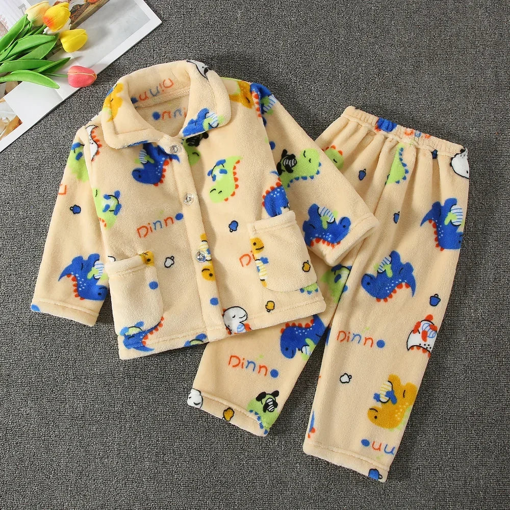 New Kids Boys Girls Autumn Winter Soft Flannel Pajamas Sets Cartoon Long Sleeve Lapel Tops with Pants Pyjamas Sleepwear Clothing