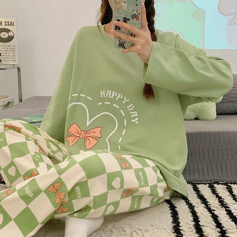 Green Women Pajamas Set Cute Kawaii Long Sleeves Long Pants Autumn Winter Soft Sleepwear Cozy Pyjamas Girl Pijamas Ladies Nighty