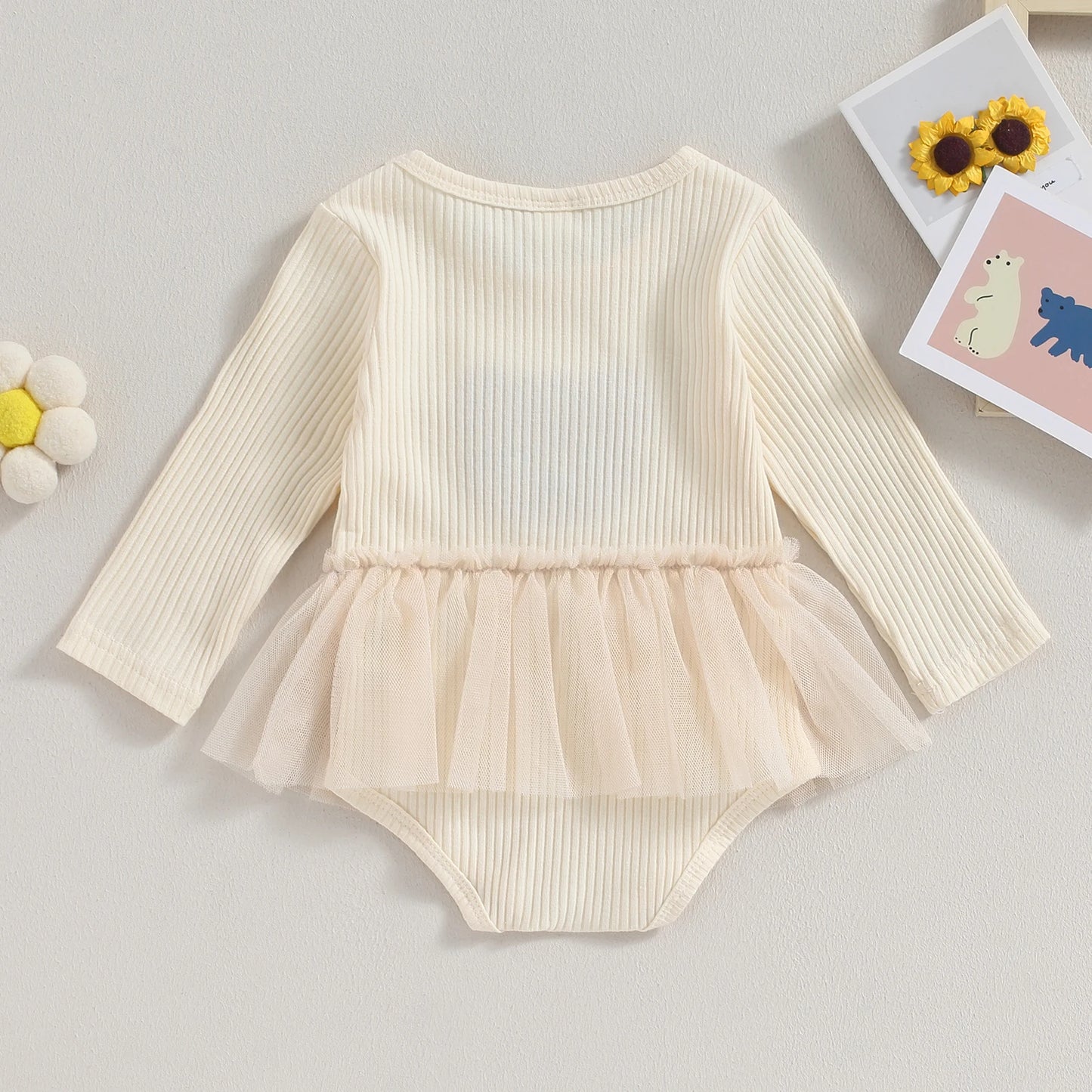 Pudcoco Infant Baby Girls Mesh Romper Dress Bear Pattern Long Sleeve Jumpsuits for Newborn Infant Toddler Cute Clothes 0-18M