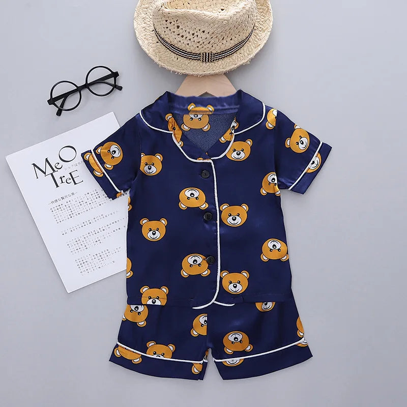 Children Silk Satin Pajamas Set Baby Boys Girls Cartoon Little Bear Tops Trousers 2Pec Spring Autumn Kids Casual Home Sleepwear