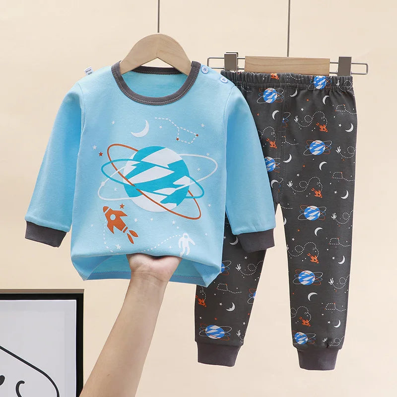 New Kids Boys Girls Pajama Sets Cartoon Print Long Sleeve Cute T-Shirt Tops with Pants Toddler Baby Sleeping Clothing Sets