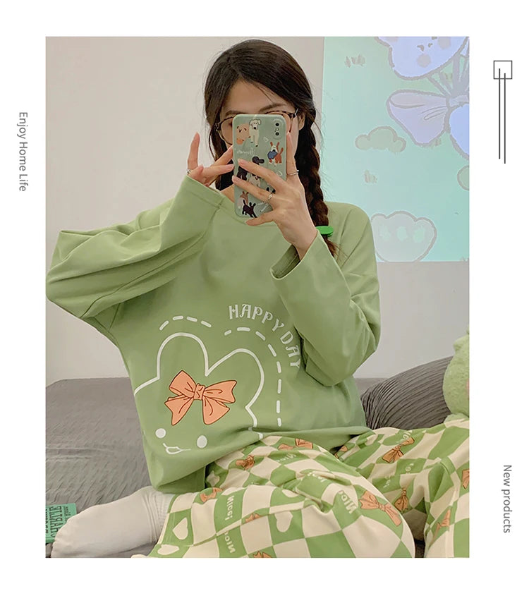 Green Women Pajamas Set Cute Kawaii Long Sleeves Long Pants Autumn Winter Soft Sleepwear Cozy Pyjamas Girl Pijamas Ladies Nighty