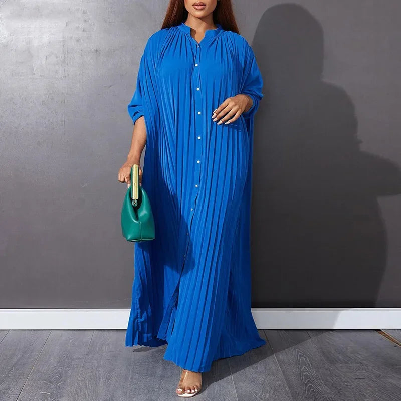 Women Eid Muslim Dresses Stand Collar Single Breasted Dubai Arab Vestidos Ramadan Casual Loose Kaftan Dress Solid Pleated