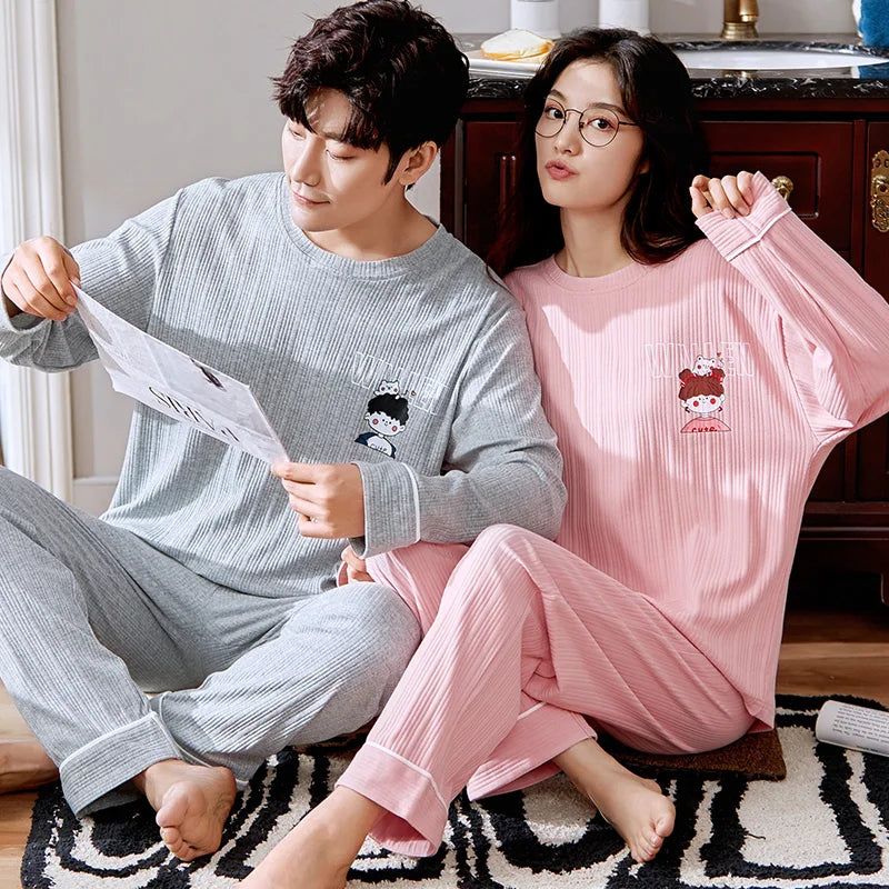 Korean Men Pijamas Set Cotton Women Pajamas Set Autumn Sleepwear Casual Loungewear hombre Mujer Home Clothing Pyjamas Suit