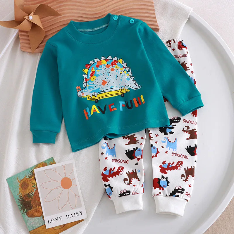 2023 New Kids Boys Girls Pajama Sets Cartoon Print Long Sleeve Cute T-Shirt Tops with Pants Toddler Baby Autumn Sleeping Clothes