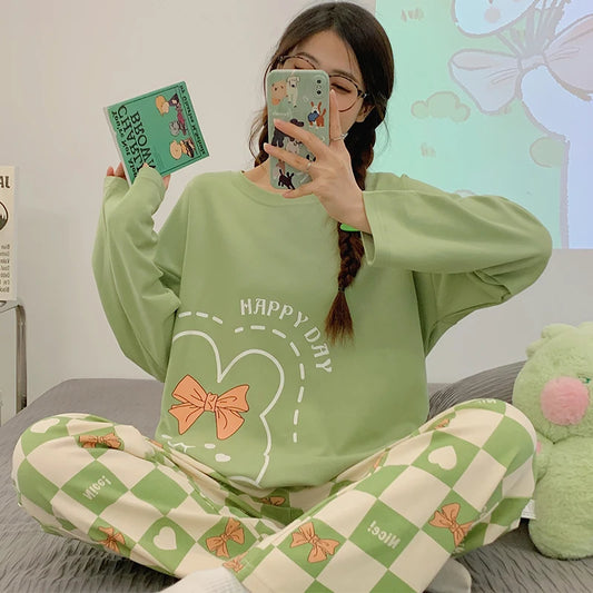 Green Women Pajamas Set Cute Kawaii Long Sleeves Long Pants Autumn Winter Soft Sleepwear Cozy Pyjamas Girl Pijamas Ladies Nighty