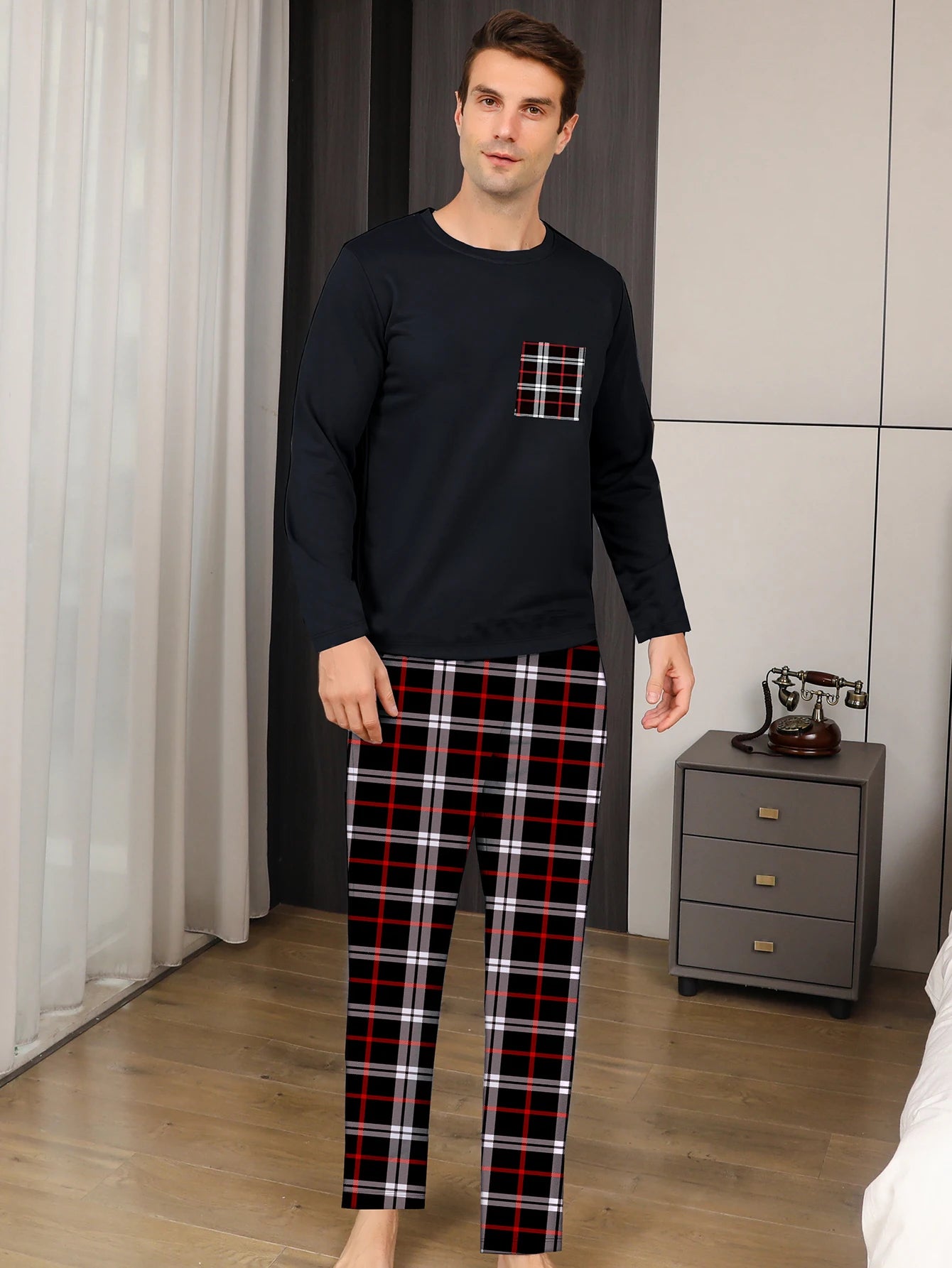 Two piece sets men's pajamas autumn and winter long sleeved pants checkered sleepwear set