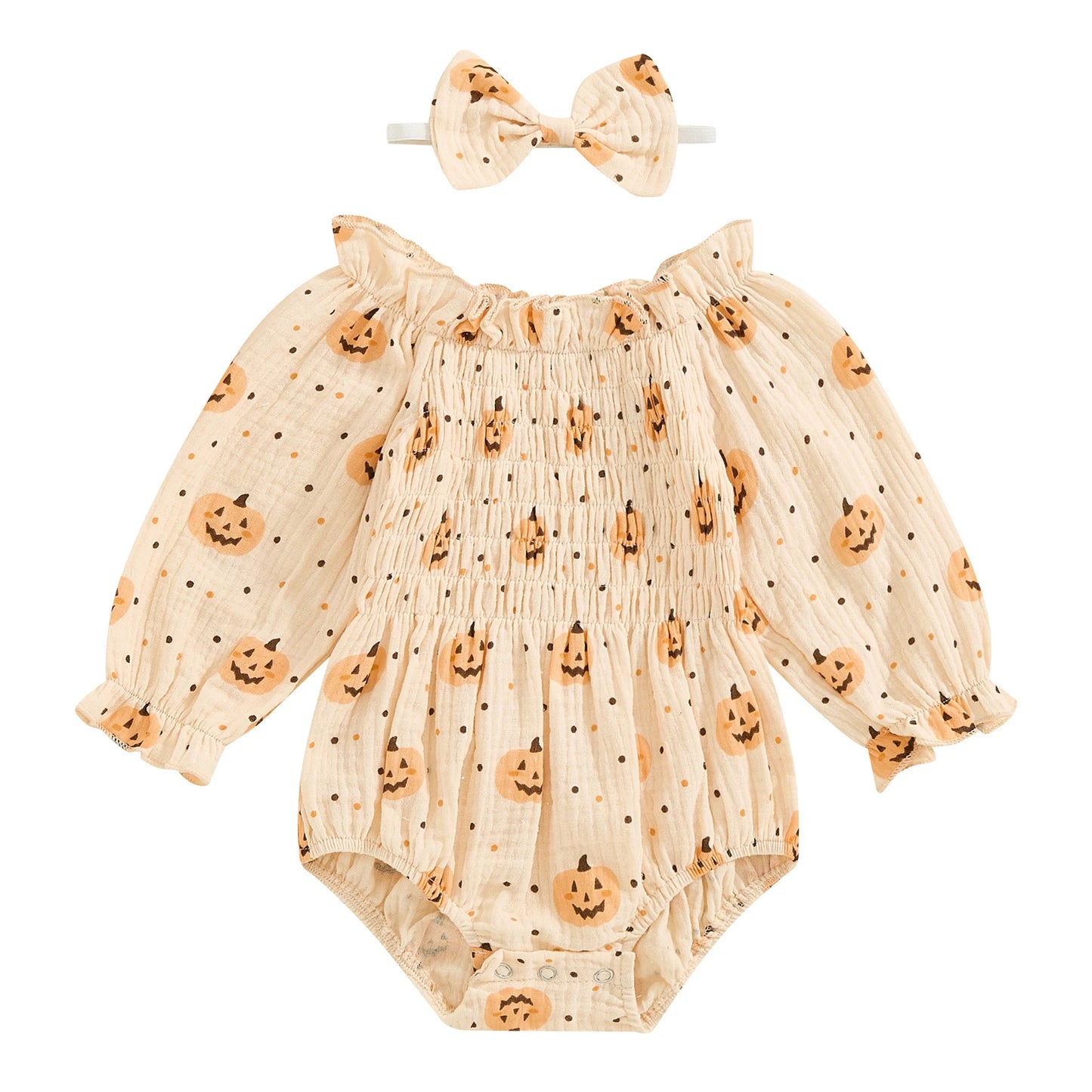 Baby Clothing Girls Halloween Casual Romper Long Sleeve Ruffle Collar Pumpkin Print Jumpsuit with Headband Newborn Clothes