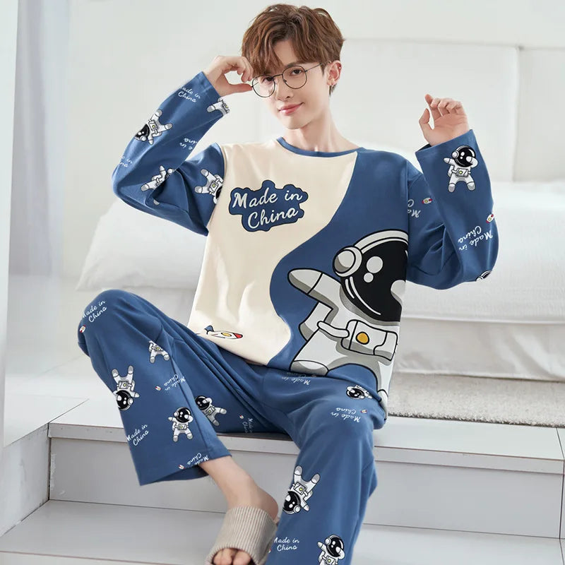 Plus Size Men Pajamas Autumn Winter Long-Sleeved Loose Leisure 2PCS/Set Letters Astronaut Blue O-Neck Soft Casual Sleepwear Xxxl