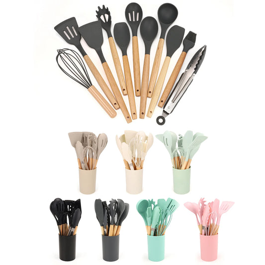 CH.KOUROSH 12Pcs Silicone Kitchen Utensils Spatula Shovel Soup Spoon Cooking Tool with Storage Bucket Non-Stick Wood Handle Kitchen Gadgets