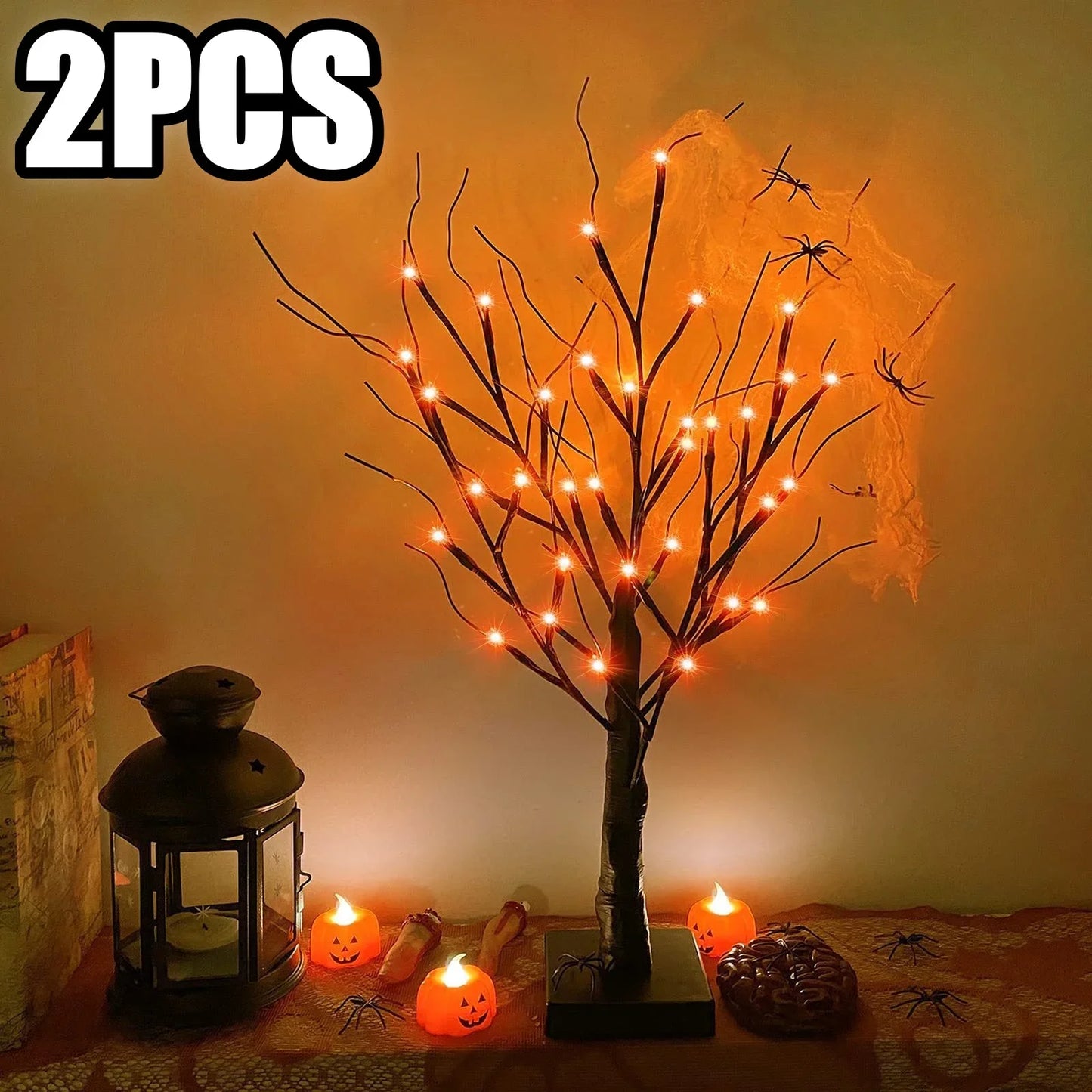 Halloween Decorations Gift Battery Operate 24 LED Lighted Halloween Tree Purple Led Black Glitter Lamp Desk Flower Lamp