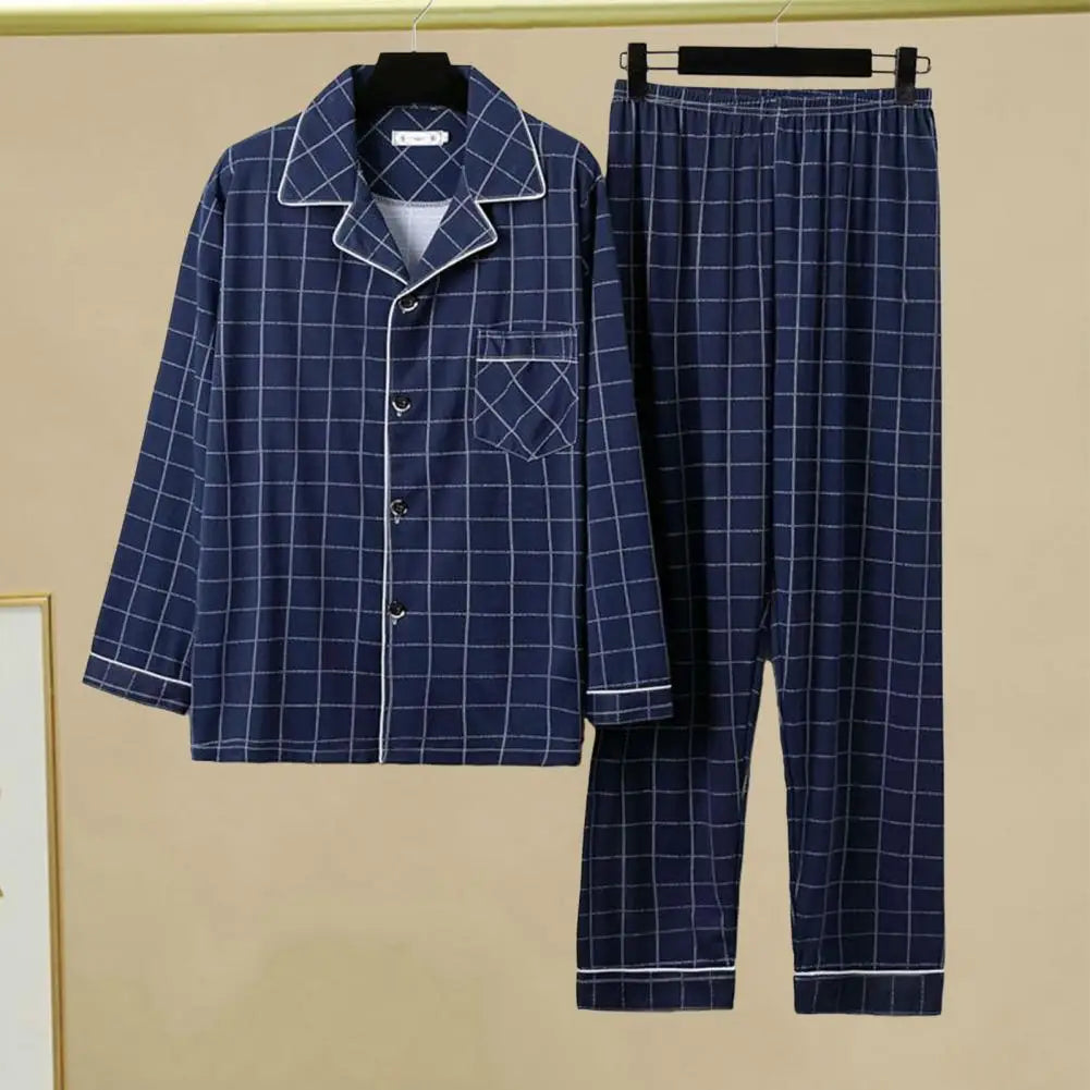 Men Pajama Set Cozy Polyester Pajamas Stylish Men's Fall Winter Pajama Set Striped Plaid Print Color Matching Lapel