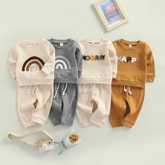 Baby Girls Boys Clothes Sets 2pcs Letter/Rainbow Printed Long Sleeve Pullover Sweatshirt Tops+Pants