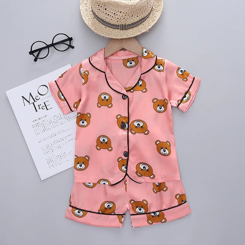 Children Silk Satin Pajamas Set Baby Boys Girls Cartoon Little Bear Tops Trousers 2Pec Spring Autumn Kids Casual Home Sleepwear