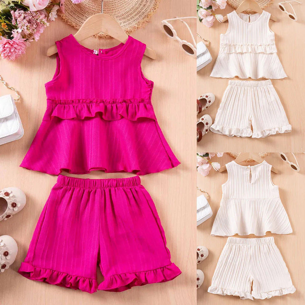 CH.KOUROSH- Baby Girl Summer Cute Set Solid Colour Sleeveless Top + Ruffle Shorts 2pcs Fashion Casual Sweet Comfortable Hot Sale