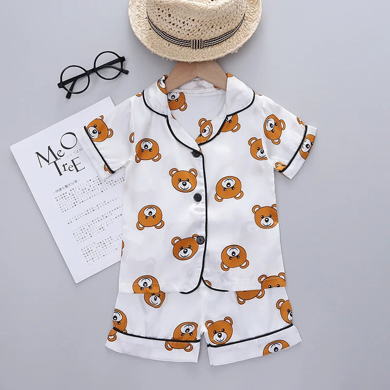 Children Silk Satin Pajamas Set Baby Boys Girls Cartoon Little Bear Tops Trousers 2Pec Spring Autumn Kids Casual Home Sleepwear