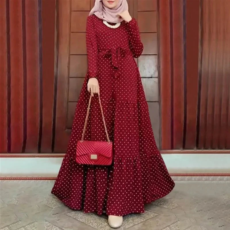 CH.KOUROSH New Moroccan Muslim Long Sleeve Round Dot Dress Fashionable Belt Sun Dress Party Long Vest In Stock