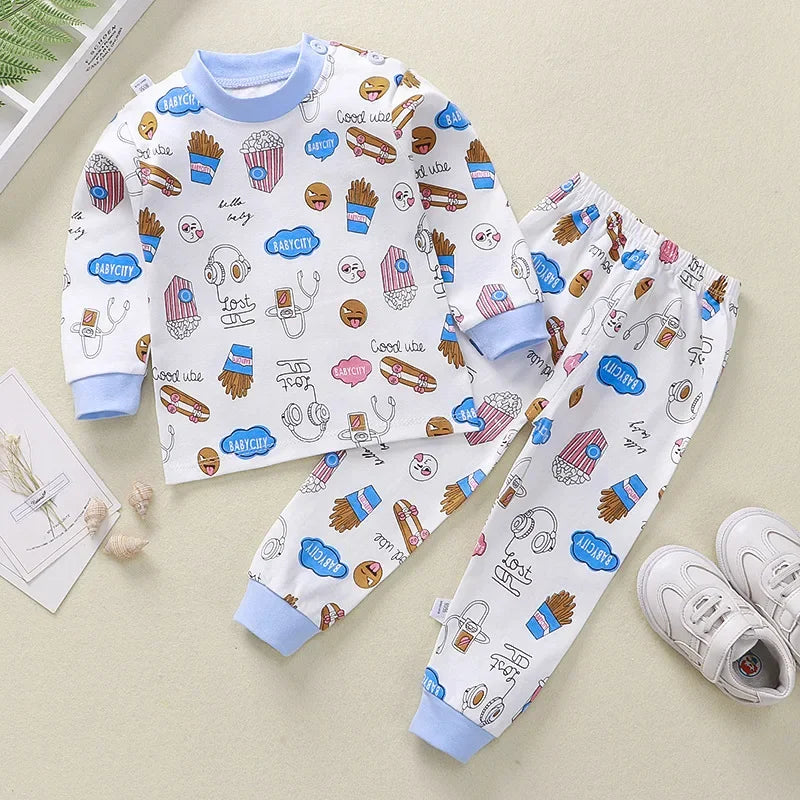 New Kids Boys Girls Pajama Sets Cartoon Print Long Sleeve Cute T-Shirt Tops with Pants Toddler Baby Sleeping Clothing Sets