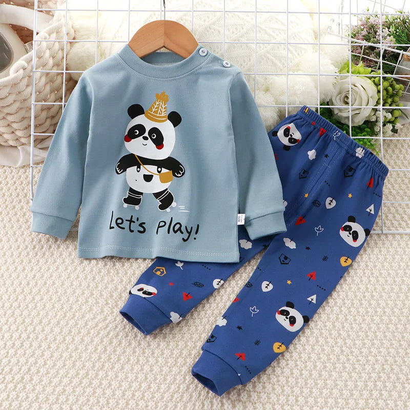 New Kids Boys Girls Pajama Sets Cartoon Print Long Sleeve Cute T-Shirt Tops with Pants Toddler Baby Sleeping Clothing Sets