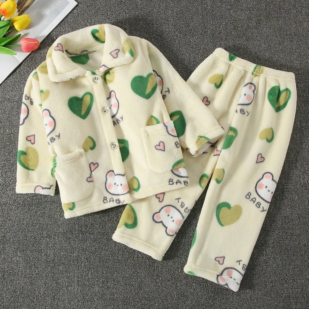 New Kids Boys Girls Autumn Winter Soft Flannel Pajamas Sets Cartoon Long Sleeve Lapel Tops with Pants Pyjamas Sleepwear Clothing