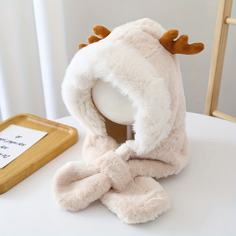 CH.KOUROSH- Cute Deer Hat Women Plush Rabbit Ear Funny Lolita Sweet Kawaii Winter Fluffy Fleece Warm Hat Plush Winter Thickened Cute Antlers Baby Hat With Scarf For 5-10 Y Children