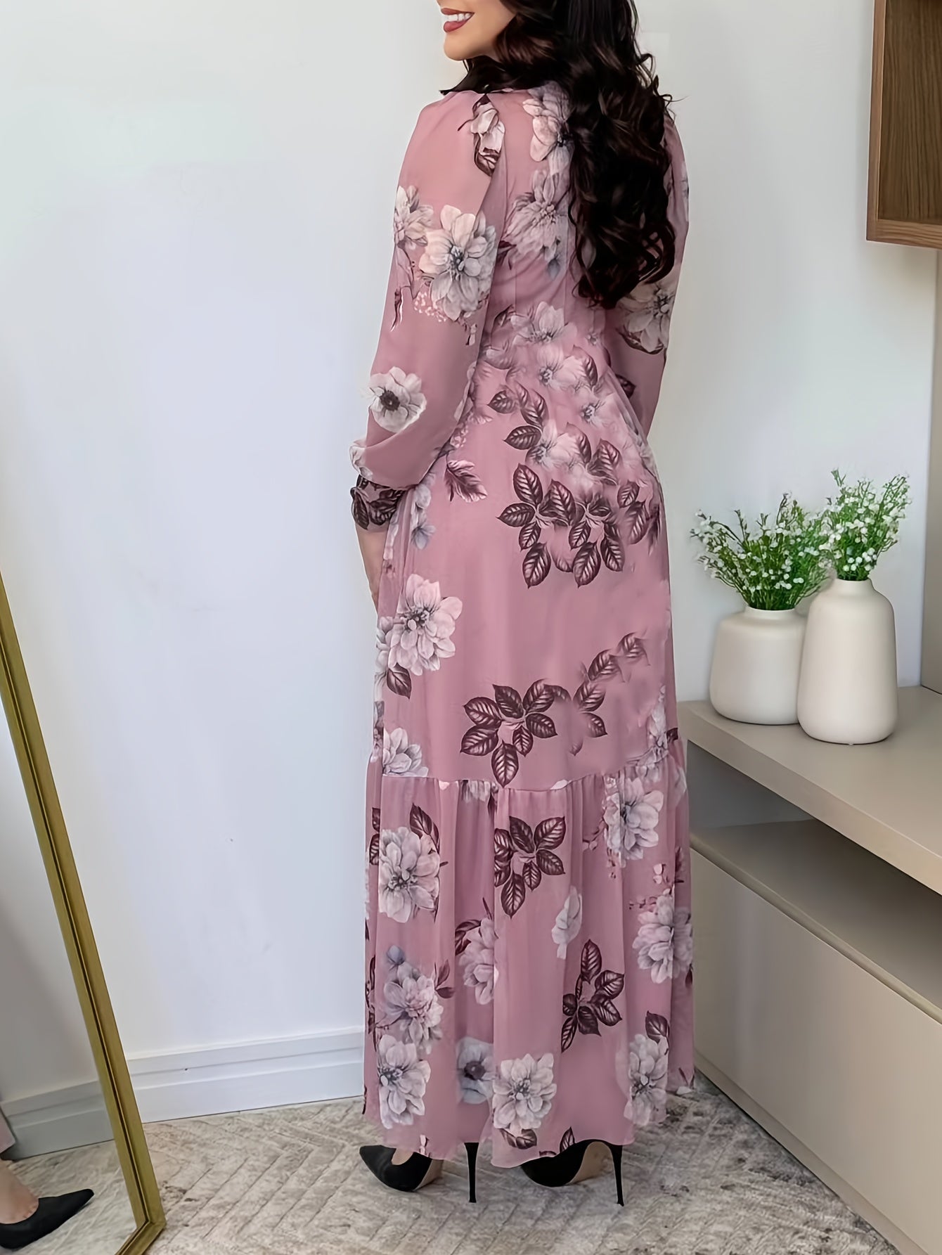 Elegant Floral Print V-Neck Dress for Women - Sophisticated Long Sleeve Dress with Ruffled Detail, Perfect for Spring/Fall Events