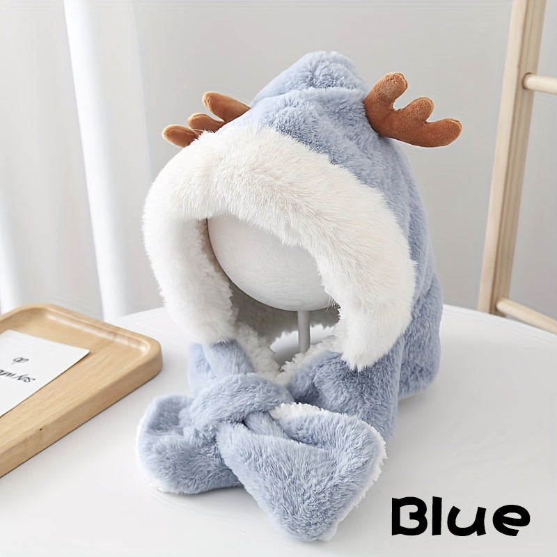 CH.KOUROSH- Cute Deer Hat Women Plush Rabbit Ear Funny Lolita Sweet Kawaii Winter Fluffy Fleece Warm Hat Plush Winter Thickened Cute Antlers Baby Hat With Scarf For 5-10 Y Children