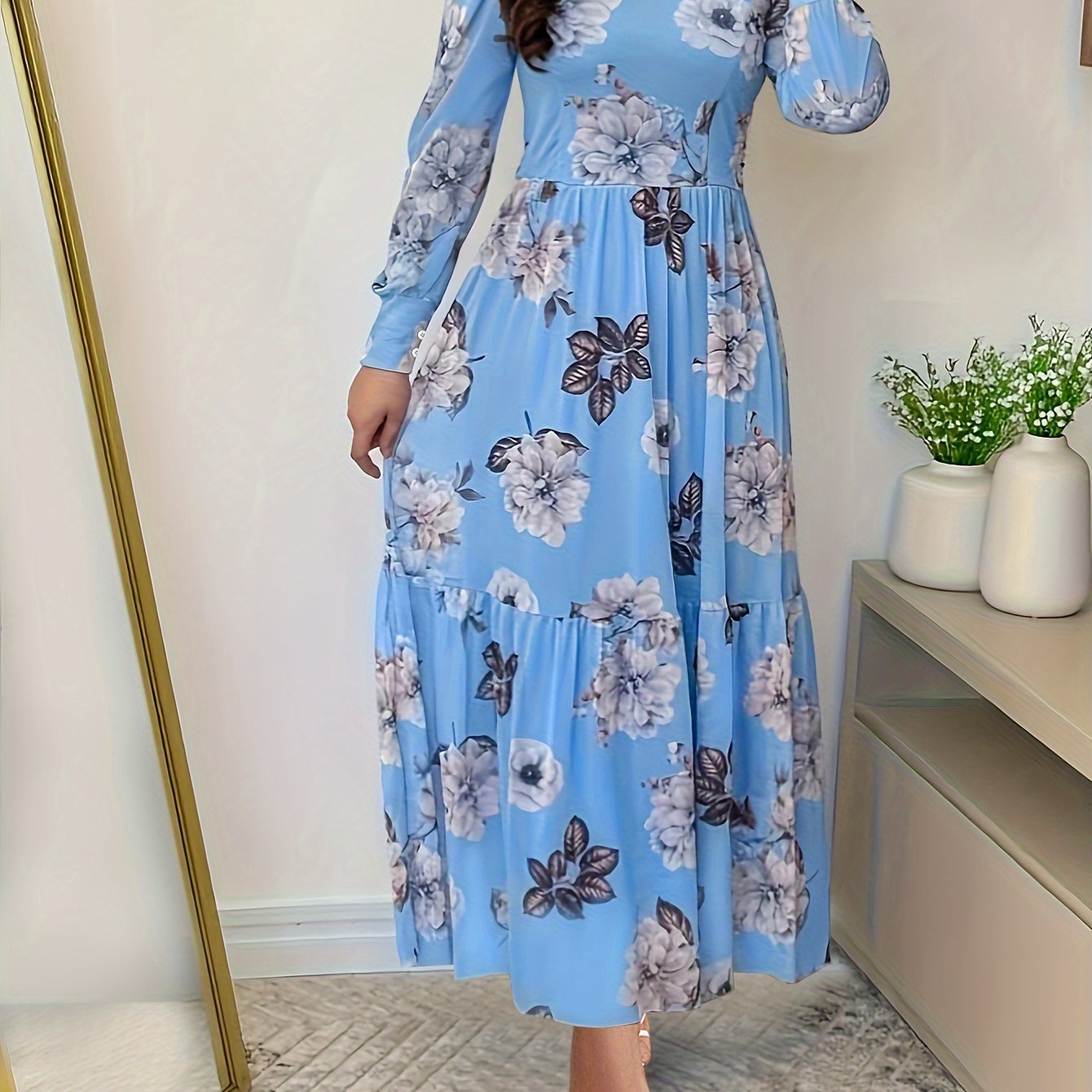 Elegant Floral Print V-Neck Dress for Women - Sophisticated Long Sleeve Dress with Ruffled Detail, Perfect for Spring/Fall Events