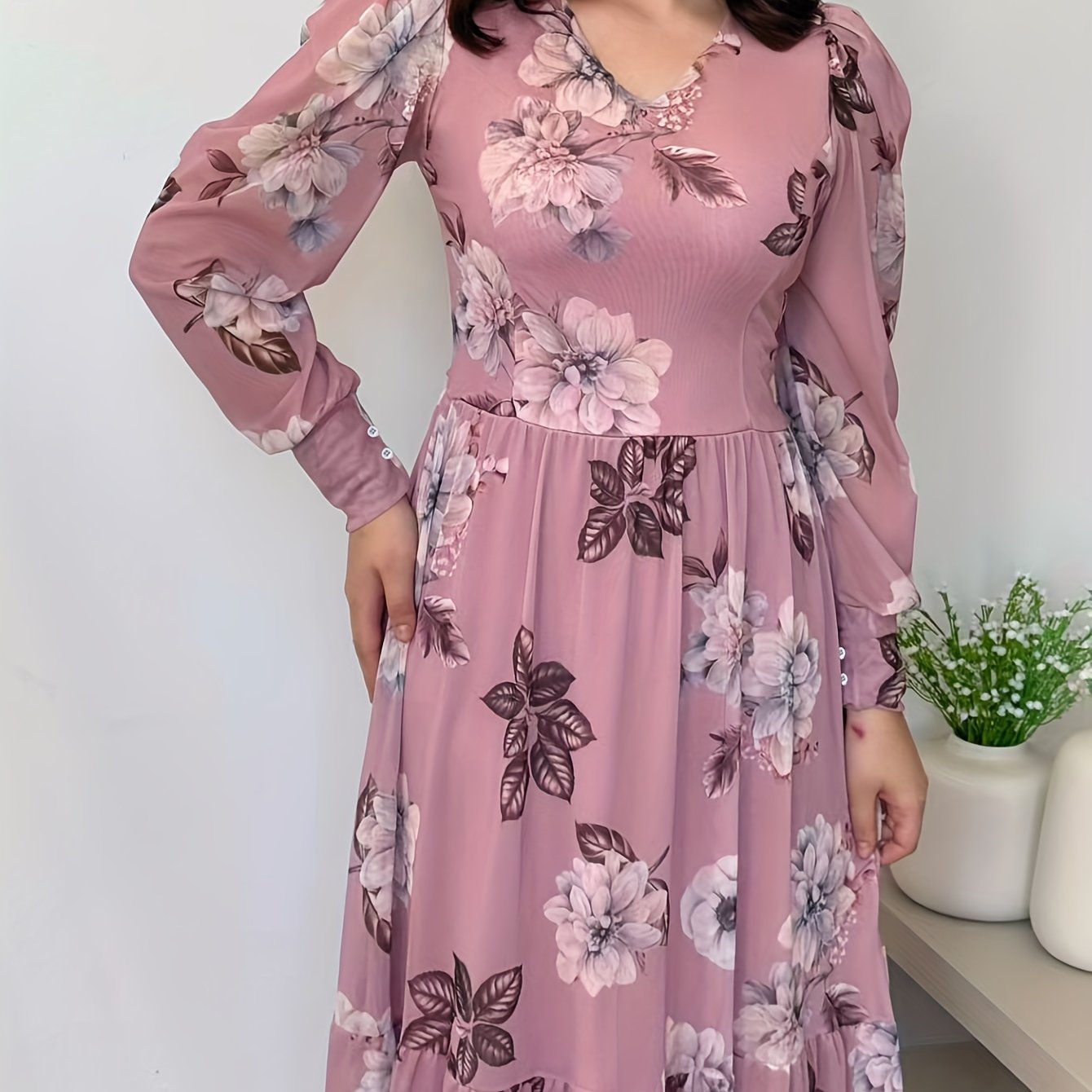 Elegant Floral Print V-Neck Dress for Women - Sophisticated Long Sleeve Dress with Ruffled Detail, Perfect for Spring/Fall Events