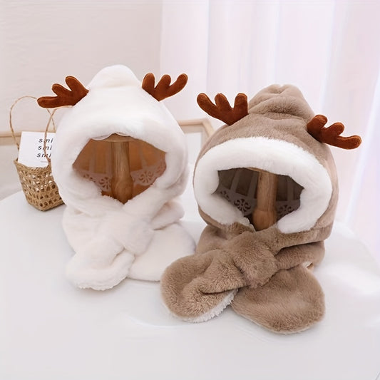 CH.KOUROSH- Cute Deer Hat Women Plush Rabbit Ear Funny Lolita Sweet Kawaii Winter Fluffy Fleece Warm Hat Plush Winter Thickened Cute Antlers Baby Hat With Scarf For 5-10 Y Children