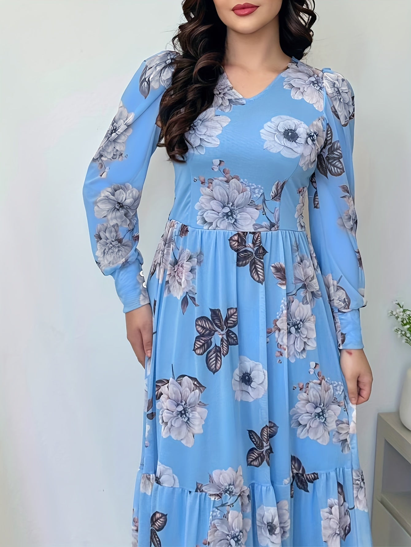 Elegant Floral Print V-Neck Dress for Women - Sophisticated Long Sleeve Dress with Ruffled Detail, Perfect for Spring/Fall Events