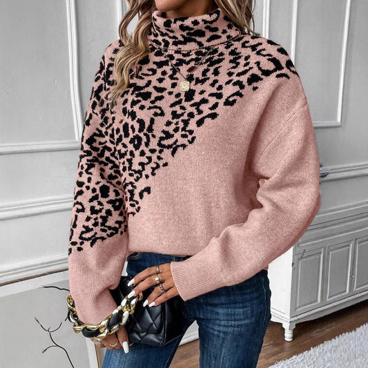 CH.KOUROSH- Turtleneck Leopard Print Long Sleeve Loose Fashion Casual Sweater