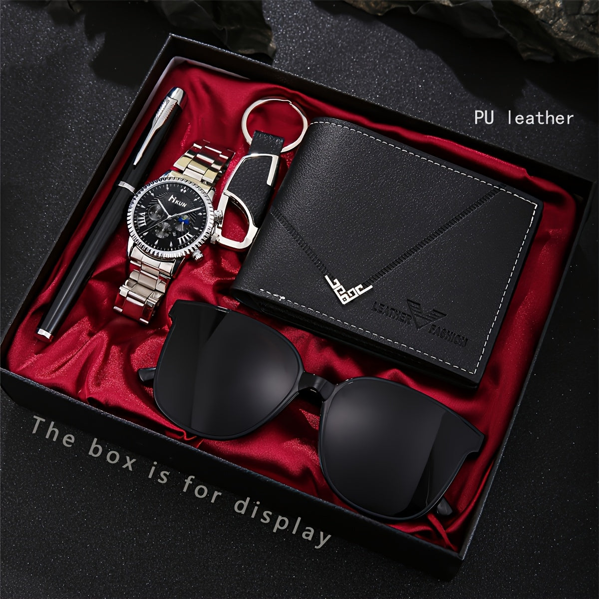 CH.Kourosh- 5pcs Men'S Luxury Gift Set, Simple Style Faux Leather Wallet, Fashion Glasses, Business Watch.